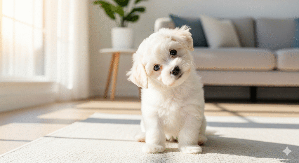 A cute, white Bichon Frise, one of the top hypoallergenic puppy breeds, looking curiously at the camera.